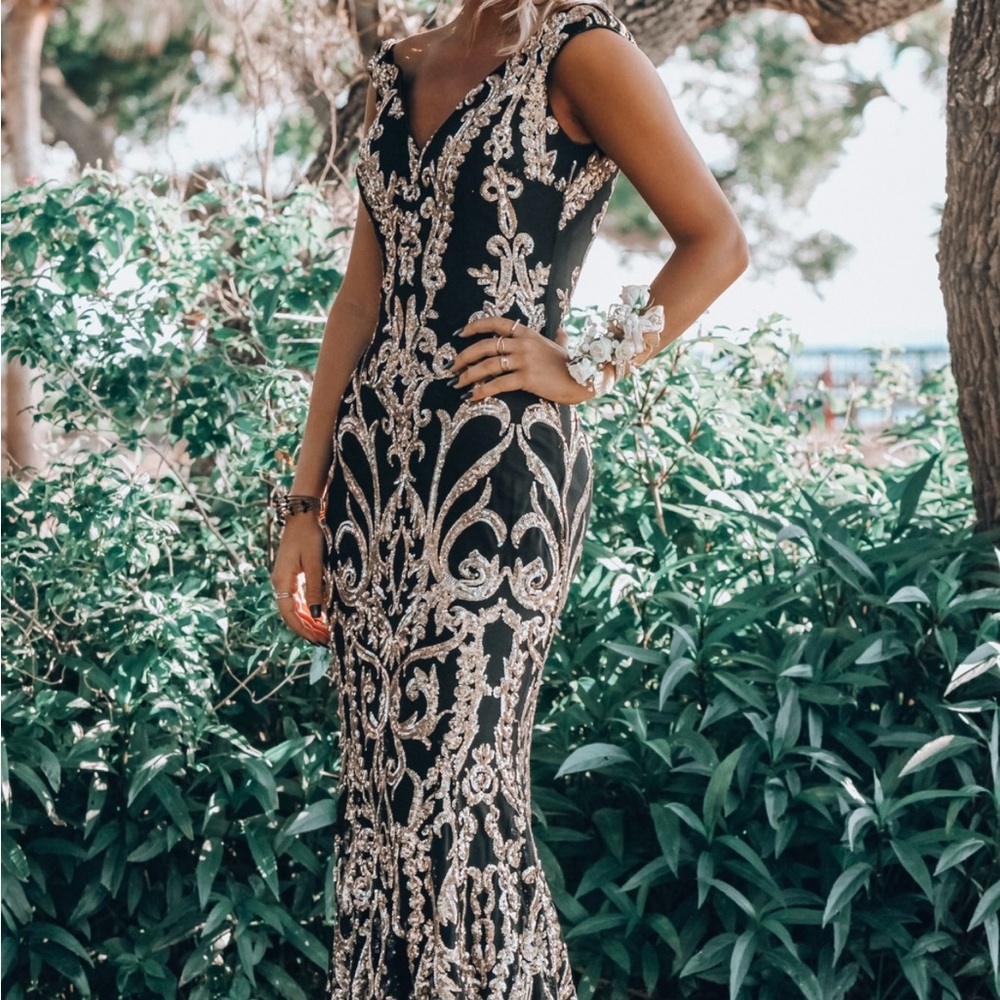 JOVANI Prom Dress- Black and gold embroidered.